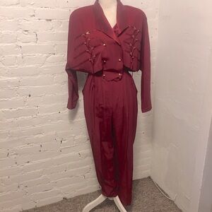 The Icing vintage jumpsuit gold button detail burgundy size m